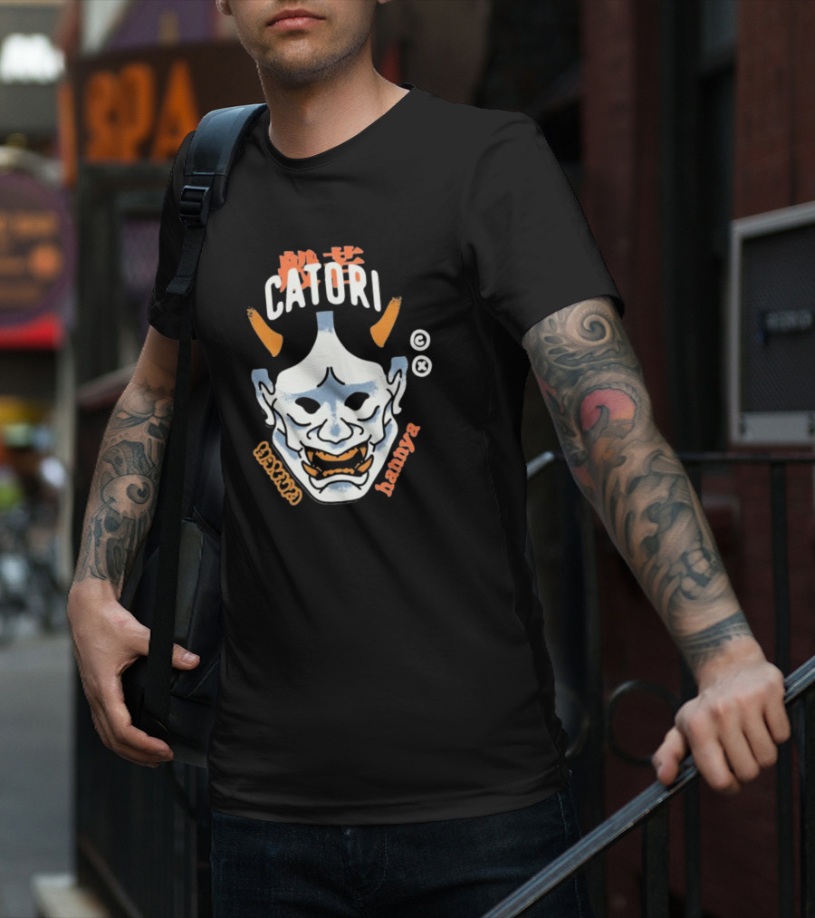 Catori Hannya Mask Face Copyright Symbol Orange Horns T-Shirt