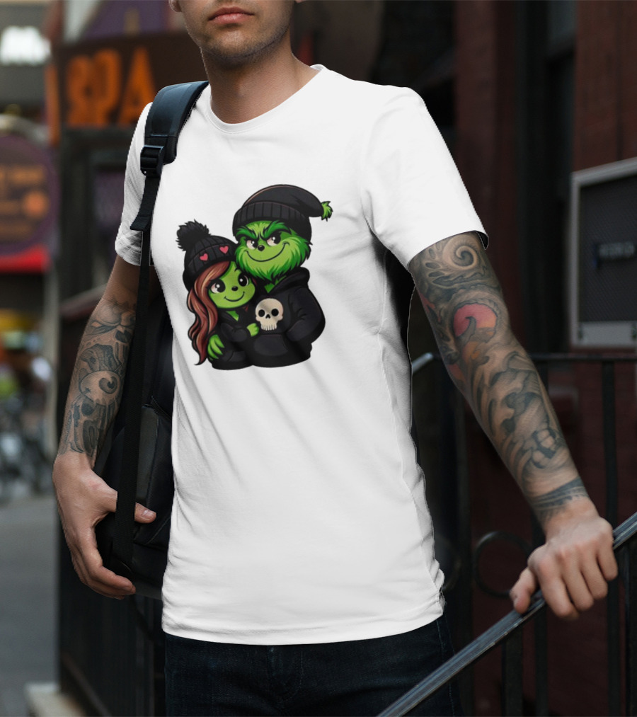 Cute Grinch And Girlfriend In Black Beanies With Skull Hoodie And Heart Details T-Shirt