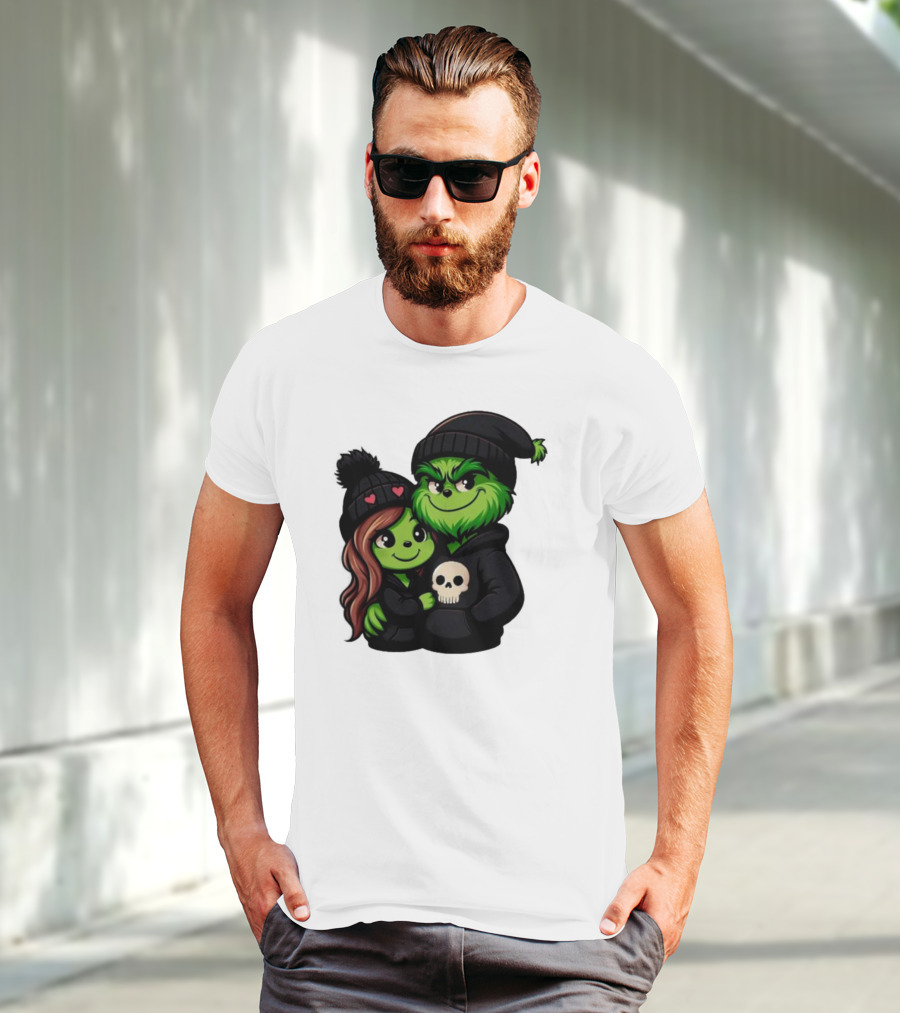 Cute Grinch And Girlfriend In Black Beanies With Skull Hoodie And Heart Details T-Shirt