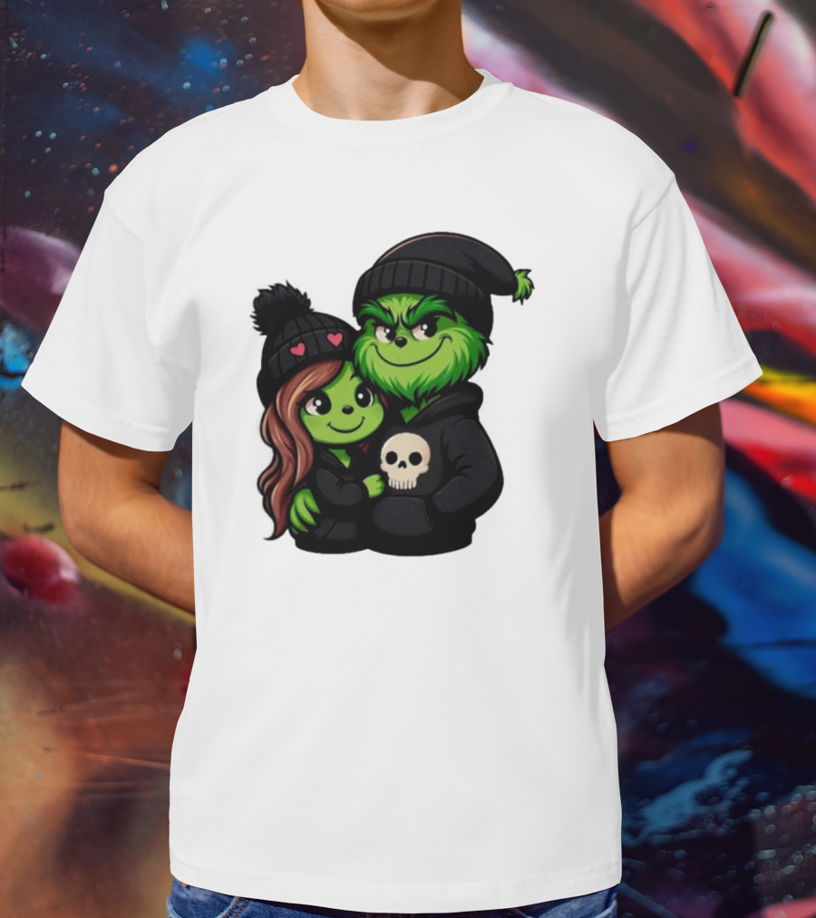 Cute Grinch And Girlfriend In Black Beanies With Skull Hoodie And Heart Details T-Shirt