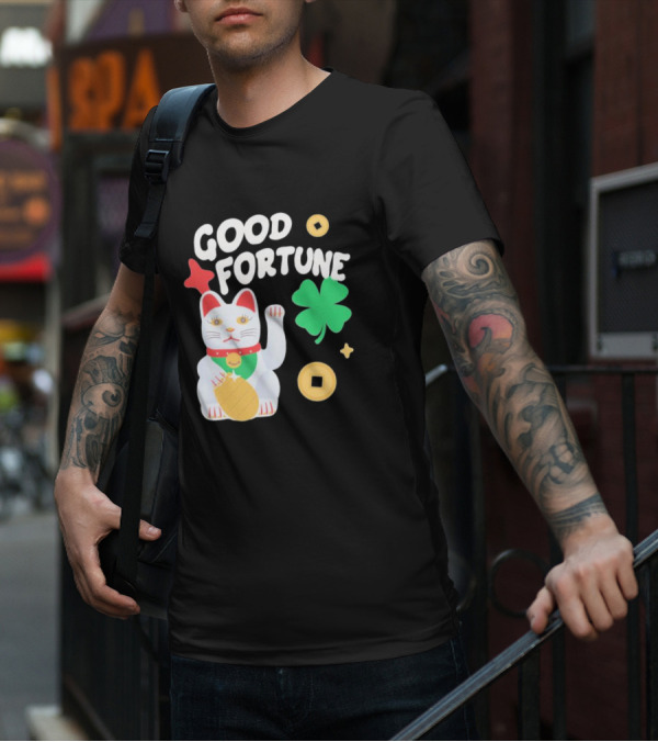 Good Fortune Cat With Clover And Coins T-Shirt