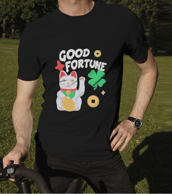 Good Fortune Cat With Clover And Coins T-Shirt