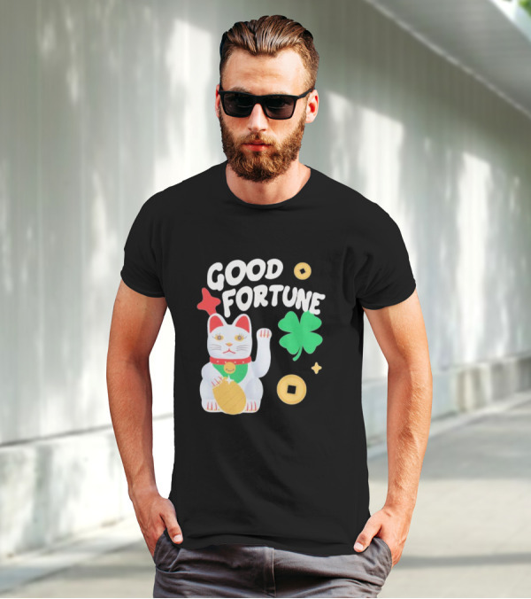 Good Fortune Cat With Clover And Coins T-Shirt