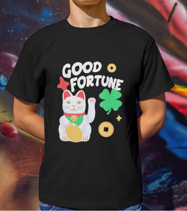Good Fortune Cat With Clover And Coins T-Shirt