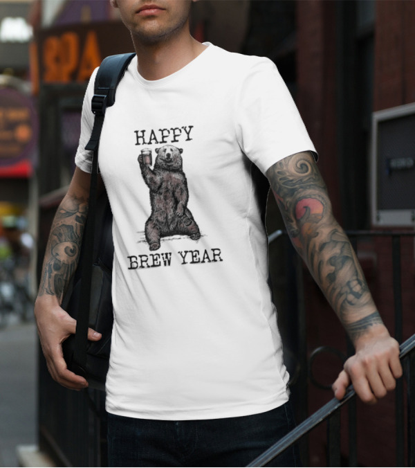 Happy Brew Year Festive Bear Toasting With Beer T-Shirt