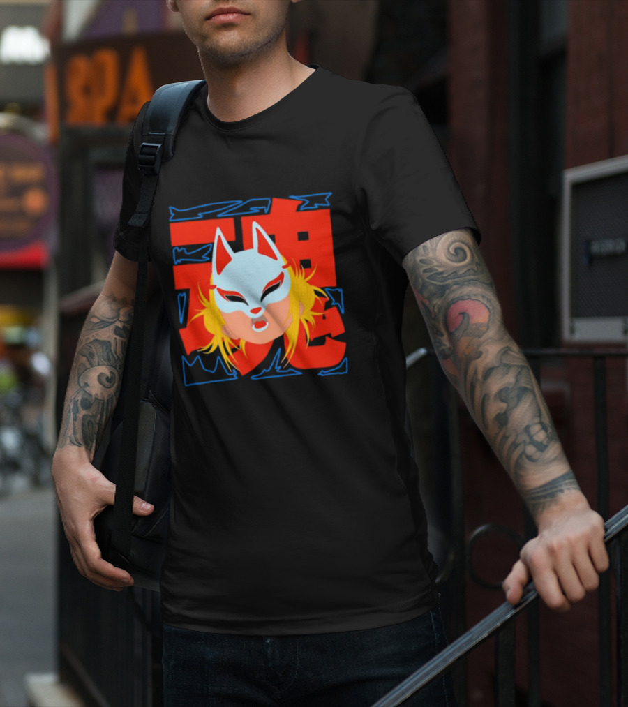 Kitsune Catori Mask With Red Kanji And Blond Hair T-Shirt