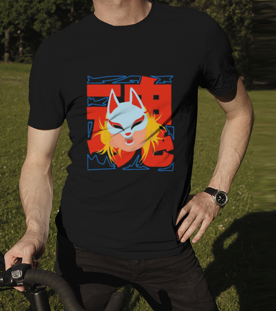 Kitsune Catori Mask With Red Kanji And Blond Hair T-Shirt