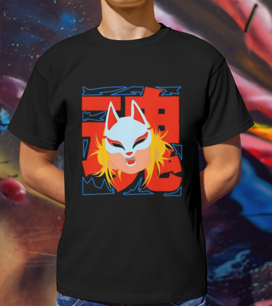 Kitsune Catori Mask With Red Kanji And Blond Hair T-Shirt