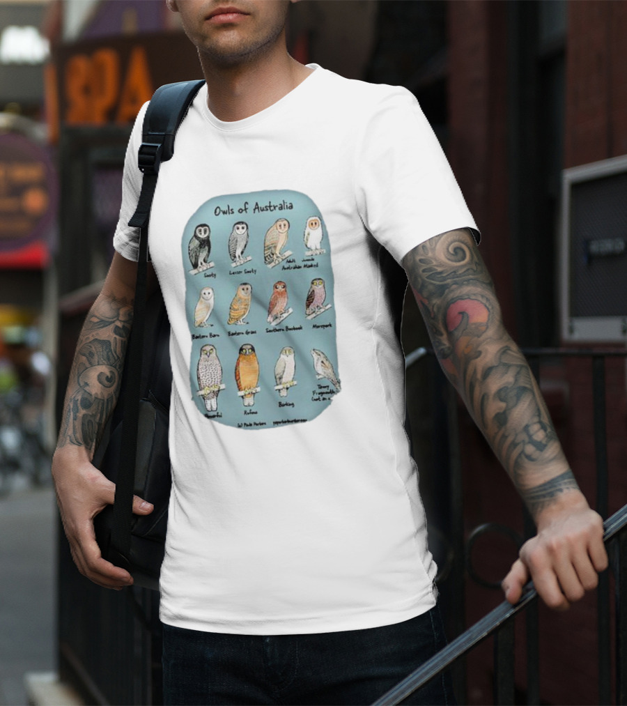 Owls Of Australia Illustrated Guide Featuring Sooty Lesser Sooty Australian Masked Eastern Barn Eastern Grass Southern Boobook Powerful Rufous Barking Barn Owl By Pete Pascoe T-Shirt