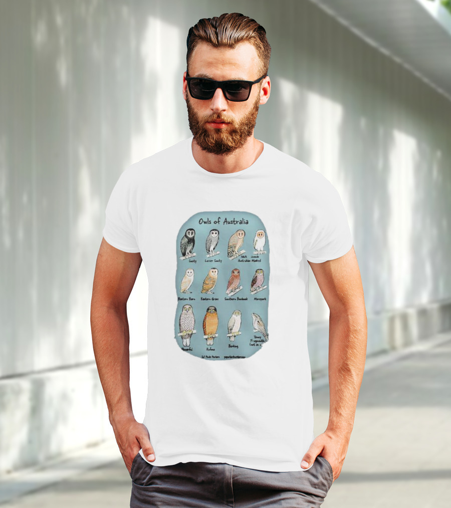 Owls Of Australia Illustrated Guide Featuring Sooty Lesser Sooty Australian Masked Eastern Barn Eastern Grass Southern Boobook Powerful Rufous Barking Barn Owl By Pete Pascoe T-Shirt