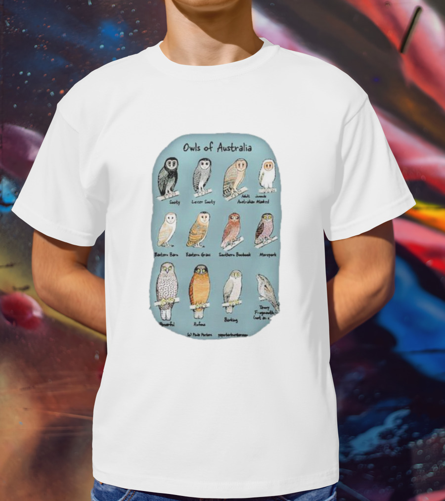 Owls Of Australia Illustrated Guide Featuring Sooty Lesser Sooty Australian Masked Eastern Barn Eastern Grass Southern Boobook Powerful Rufous Barking Barn Owl By Pete Pascoe T-Shirt
