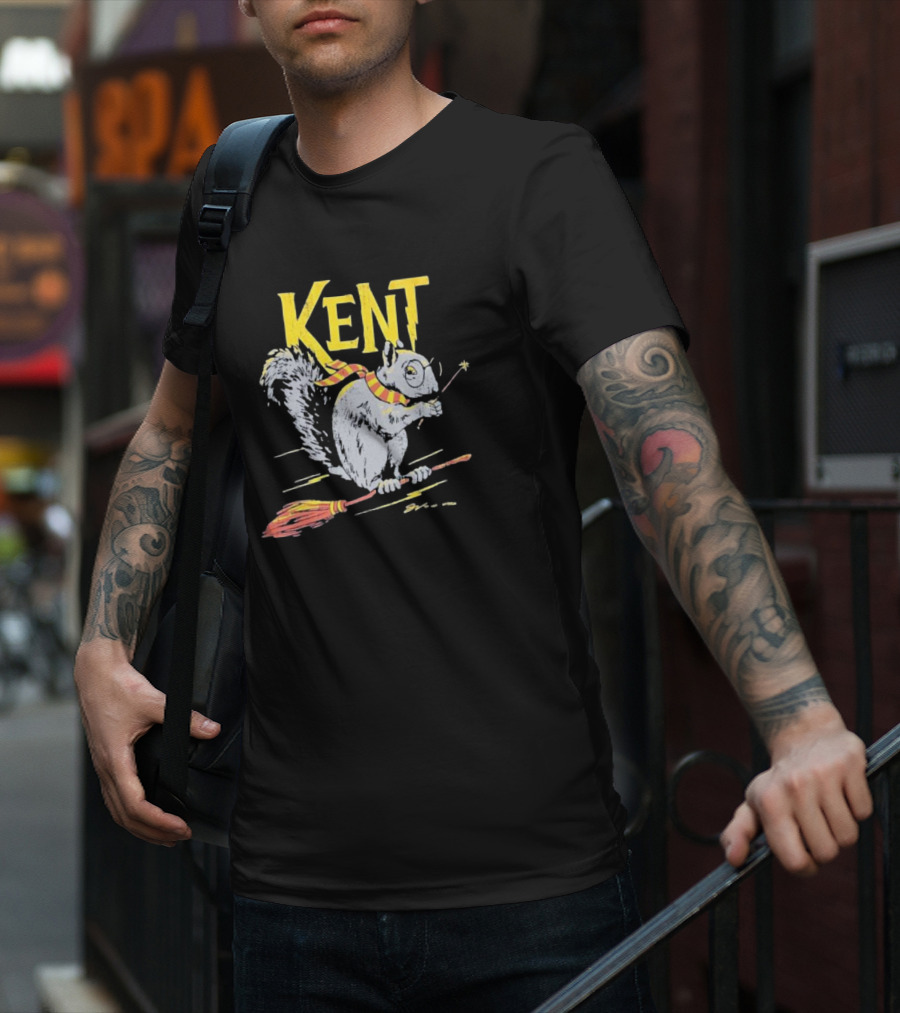 Kent Wizardly Squirrel Riding Broomstick With Wand And Scarf T-Shirt