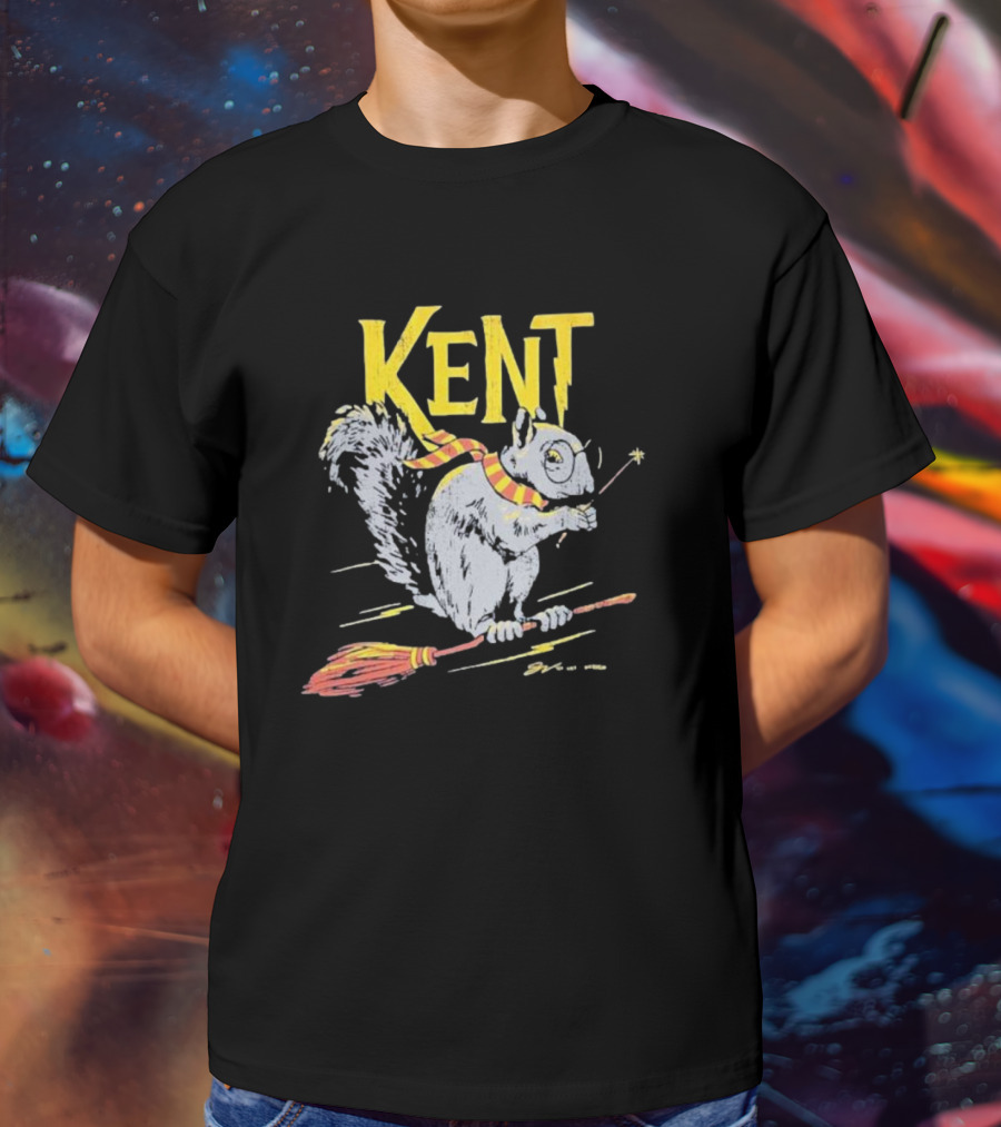 Kent Wizardly Squirrel Riding Broomstick With Wand And Scarf T-Shirt