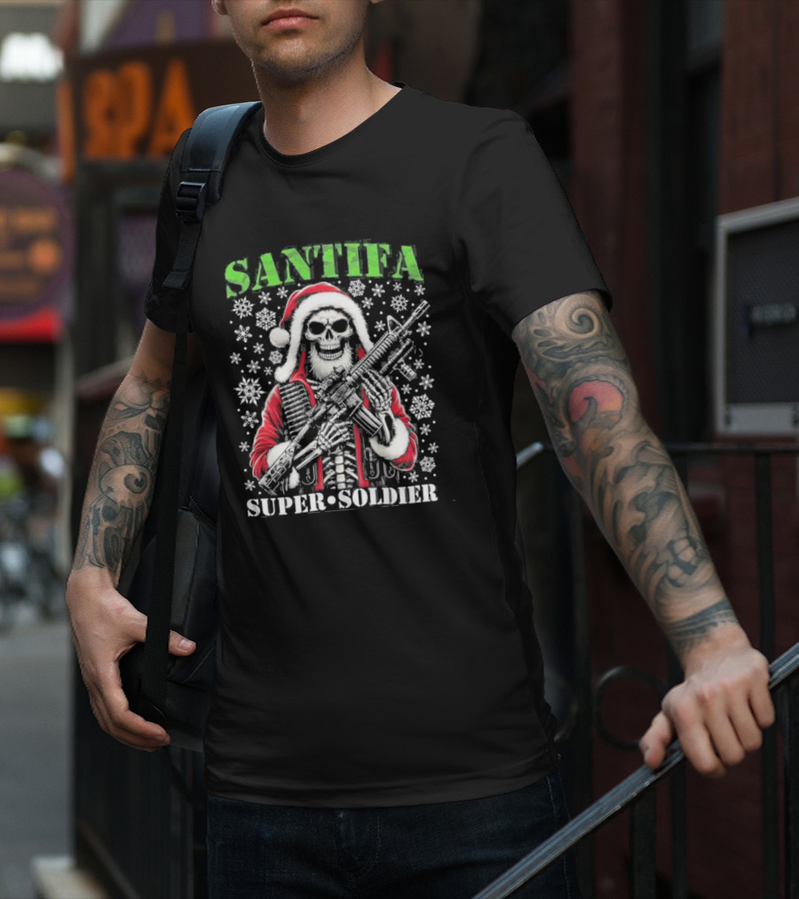 Santifa Super Soldier Skeleton Santa With Snowflakes And Rifle T-Shirt