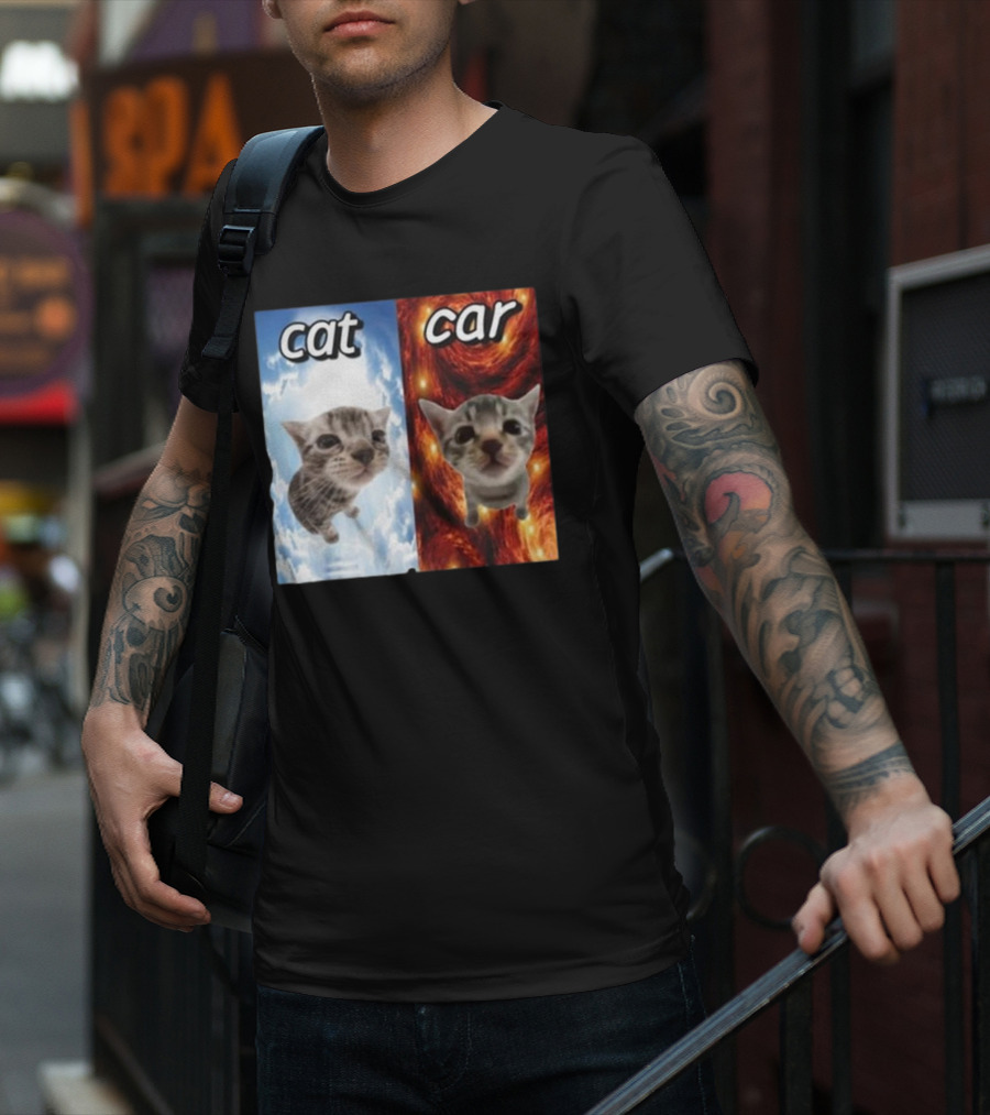 Cat Car Cringey Showdown In Cosmic Clouds And Fiery Vortex T-Shirt