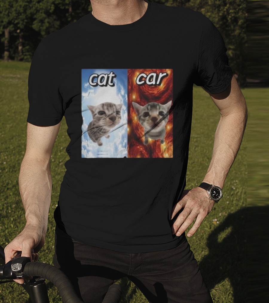 Cat Car Cringey Showdown In Cosmic Clouds And Fiery Vortex T-Shirt