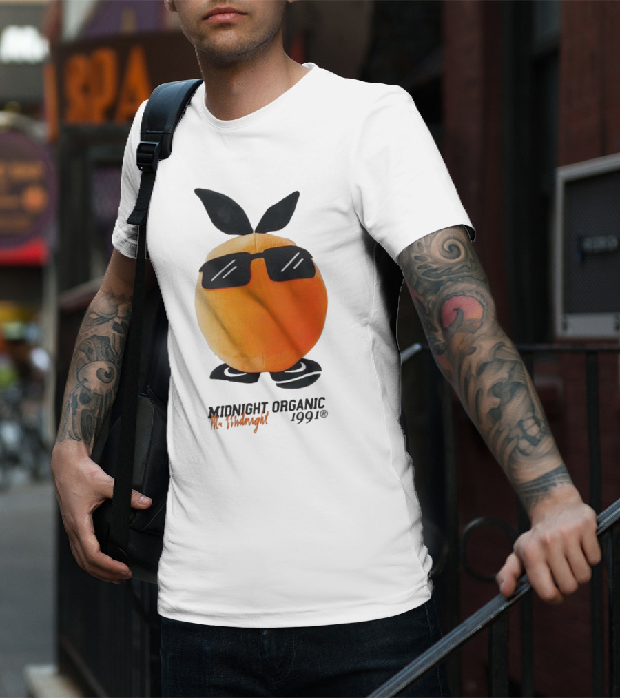 Midnight Organic Mr. Midnight 1991 Orange Character With Sunglasses T-Shirt