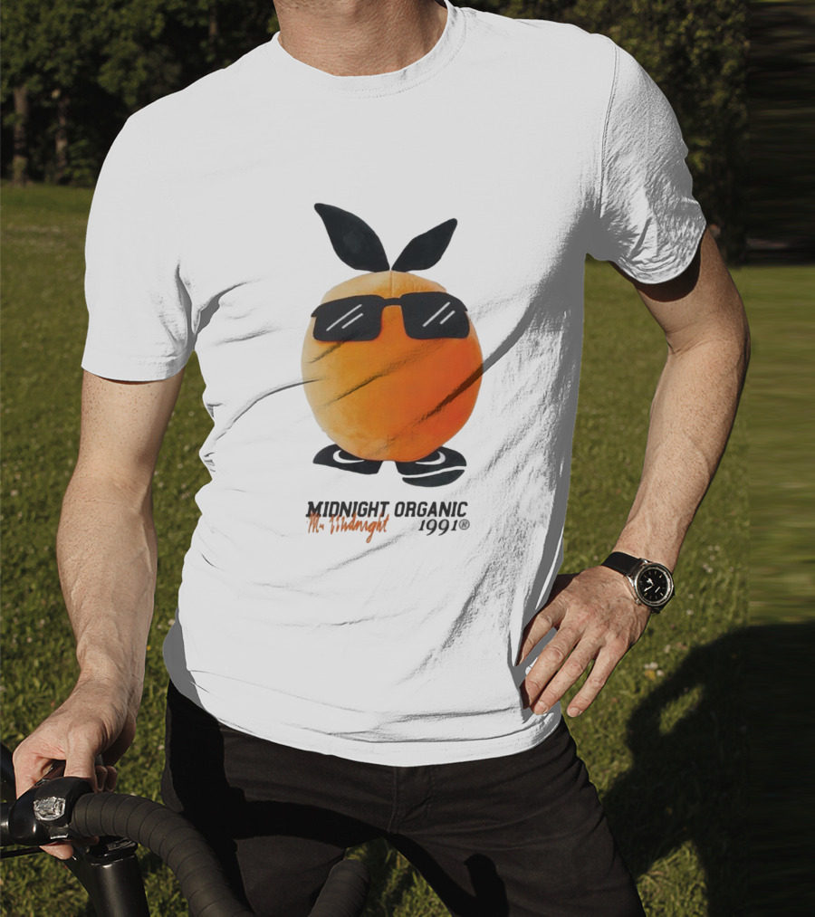 Midnight Organic Mr. Midnight 1991 Orange Character With Sunglasses T-Shirt