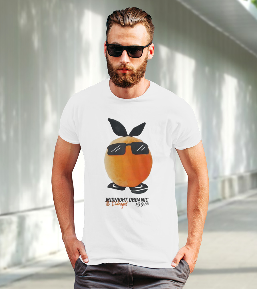 Midnight Organic Mr. Midnight 1991 Orange Character With Sunglasses T-Shirt