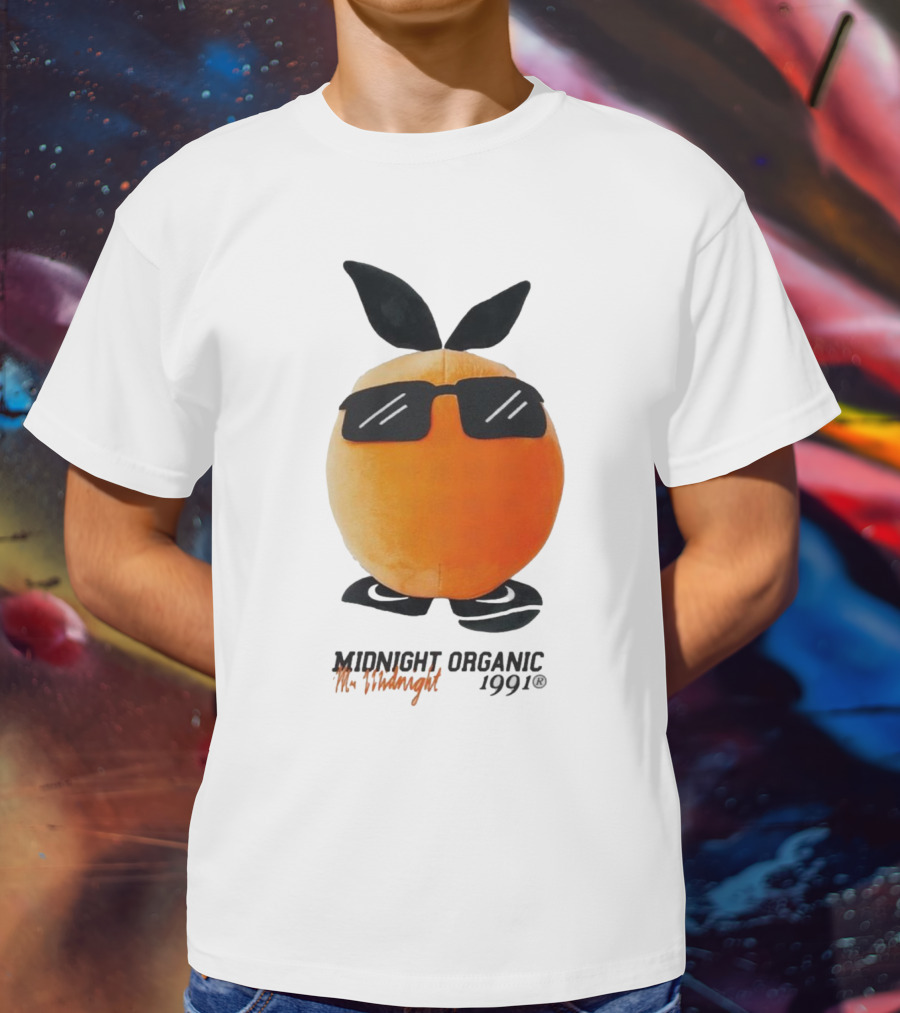 Midnight Organic Mr. Midnight 1991 Orange Character With Sunglasses T-Shirt