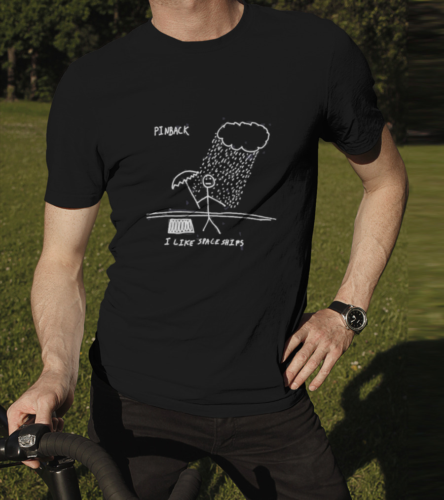 Pinback I Like Spaceships Stick Figure Standing In Rain With Umbrella T-Shirt