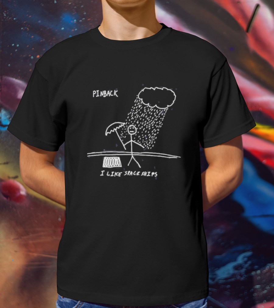 Pinback I Like Spaceships Stick Figure Standing In Rain With Umbrella T-Shirt