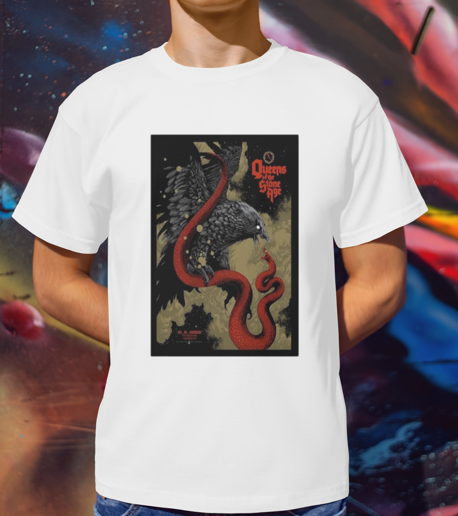 Queens Of The Stone Age R Mederos Art With Red Snake And Black Bird December 9 T-Shirt