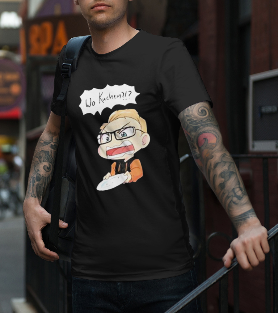 Wo Kuchen?? Cartoon Character With Glasses And Empty Plate T-Shirt
