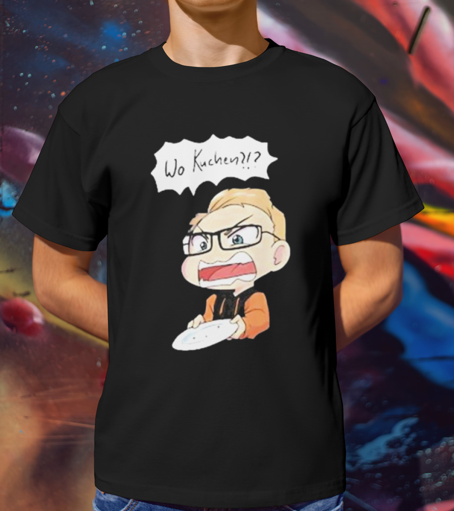 Wo Kuchen?? Cartoon Character With Glasses And Empty Plate T-Shirt