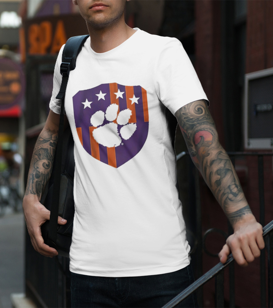 Clemson United Paw Print Shield With Four Stars Orange And Purple T-Shirt
