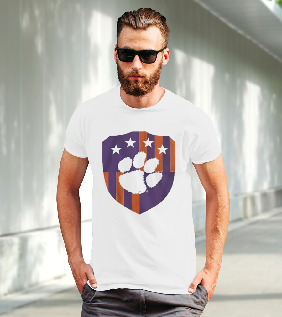 Clemson United Paw Print Shield With Four Stars Orange And Purple T-Shirt