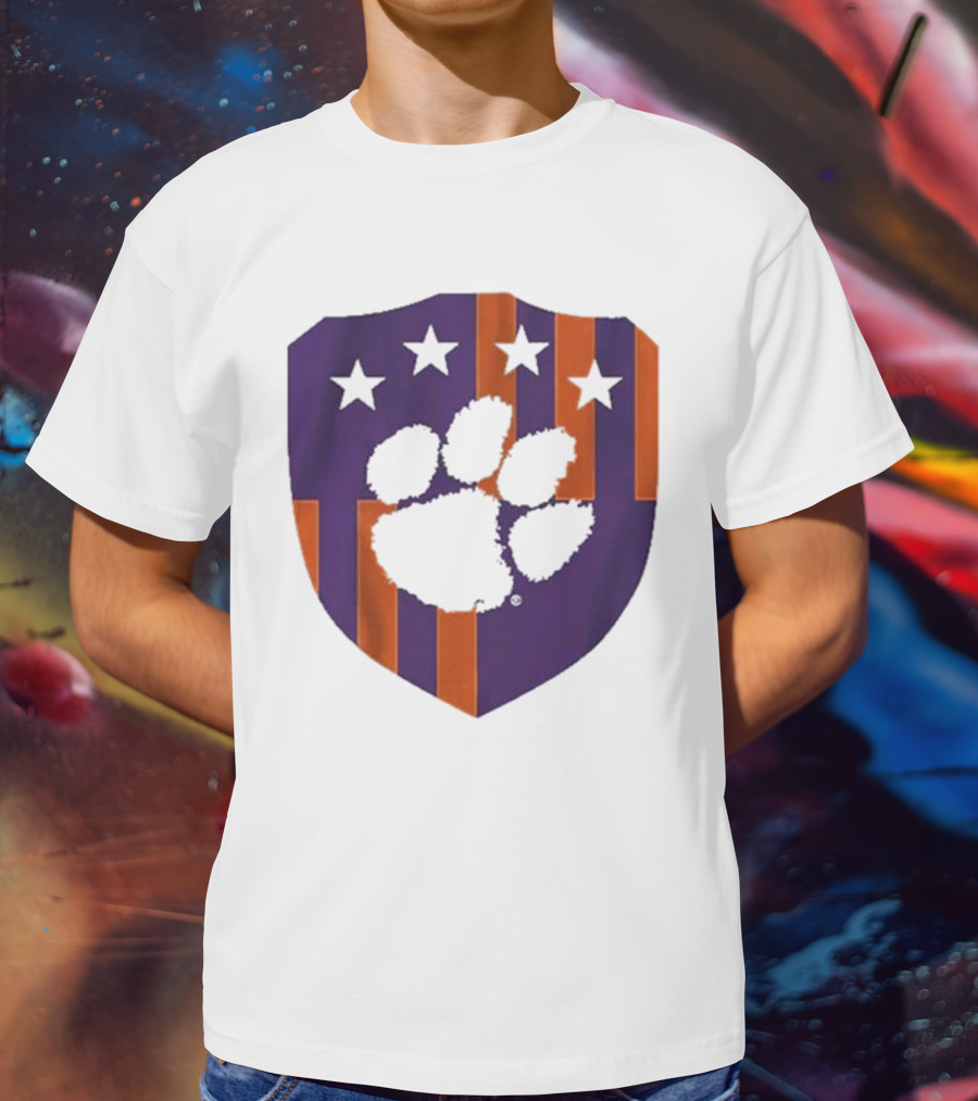 Clemson United Paw Print Shield With Four Stars Orange And Purple T-Shirt