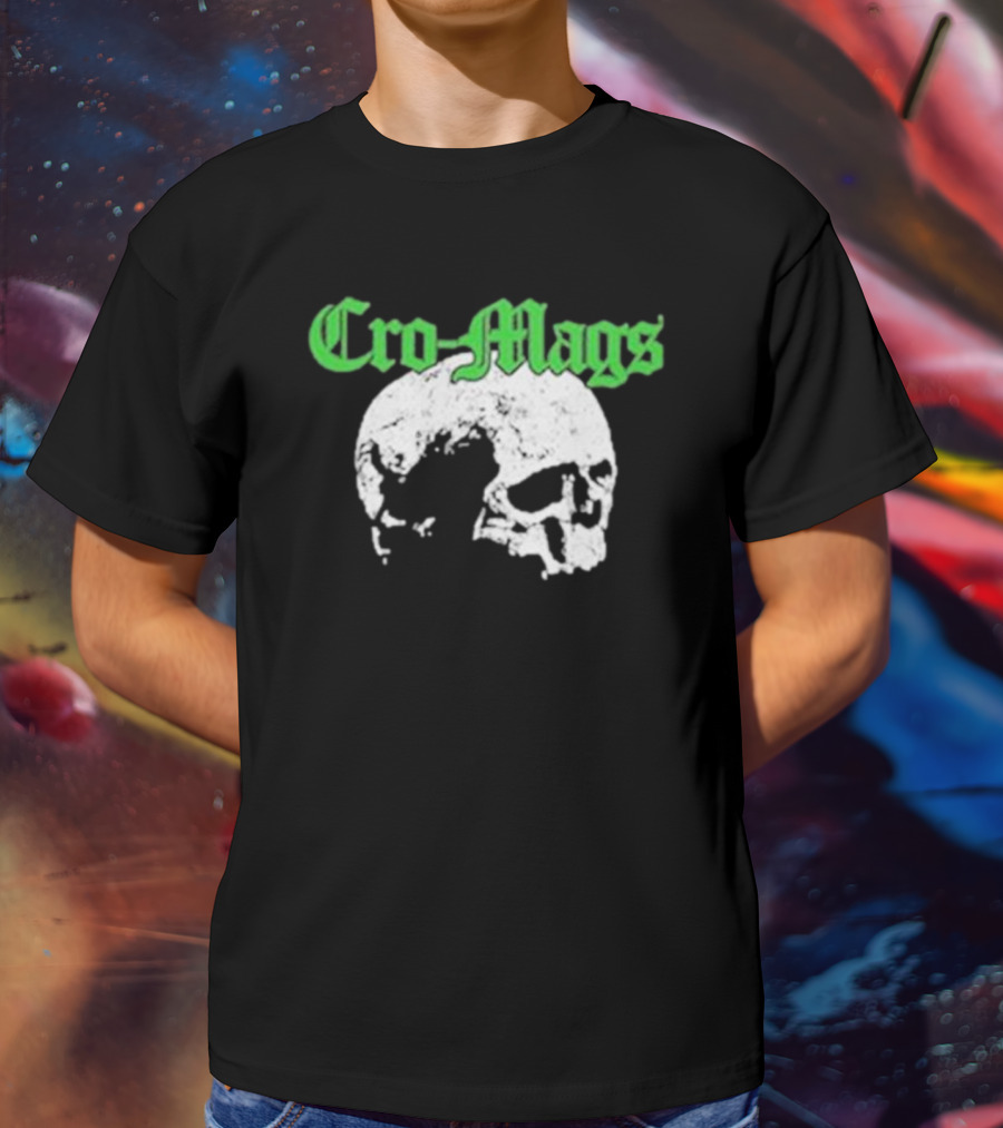 Cro Mags Green Text White Skull T-Shirt