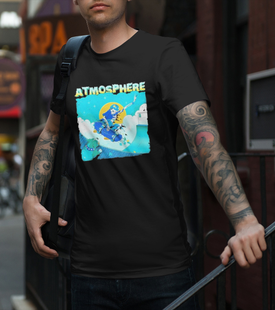 ATMOSPHERE Skateboarding Skeleton Dog Ramp Peace Sign T-Shirt