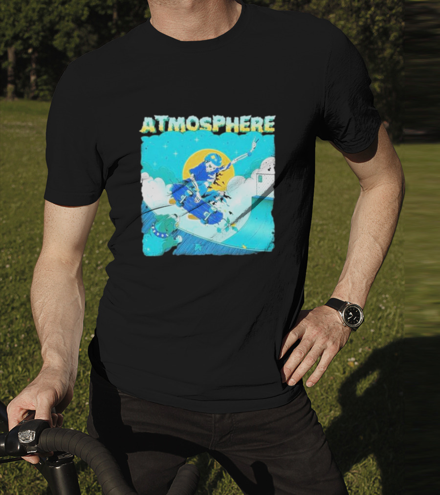 ATMOSPHERE Skateboarding Skeleton Dog Ramp Peace Sign T-Shirt