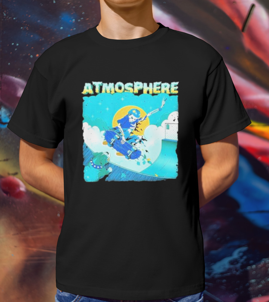 ATMOSPHERE Skateboarding Skeleton Dog Ramp Peace Sign T-Shirt