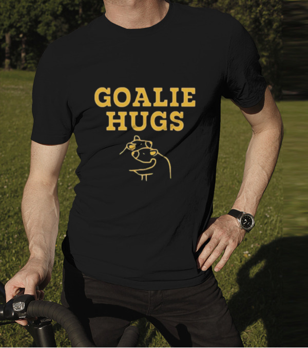 Boston Goalie Hugs Yellow Text With Embrace Outline T-Shirt