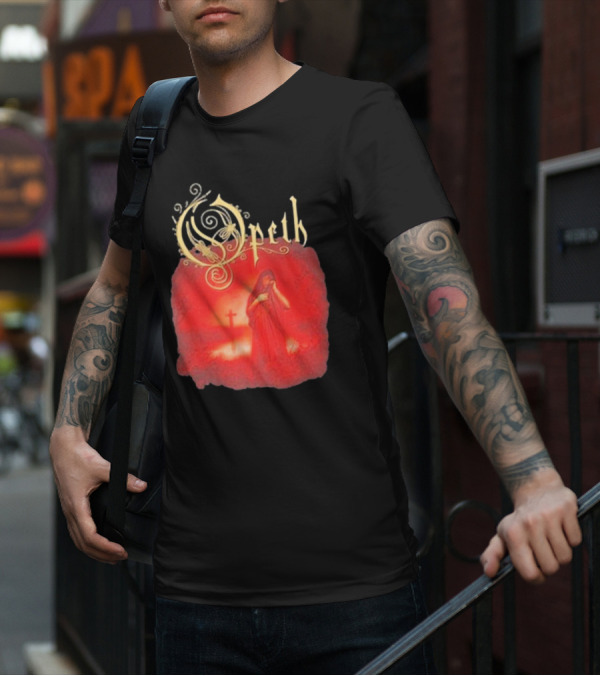 Opeth Still Life Gothic Red Cloaked Figure And Cross T-Shirt