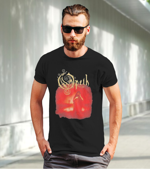 Opeth Still Life Gothic Red Cloaked Figure And Cross T-Shirt