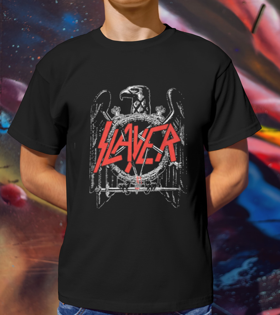 Slayer Black Eagle Logo With Red Text And Crossed Swords T-Shirt