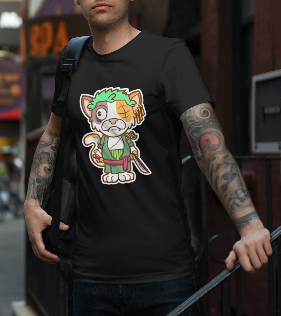 Roronoa Lingling Cat Pirate Anime Character Sword Green Hair Eye Patch T-Shirt