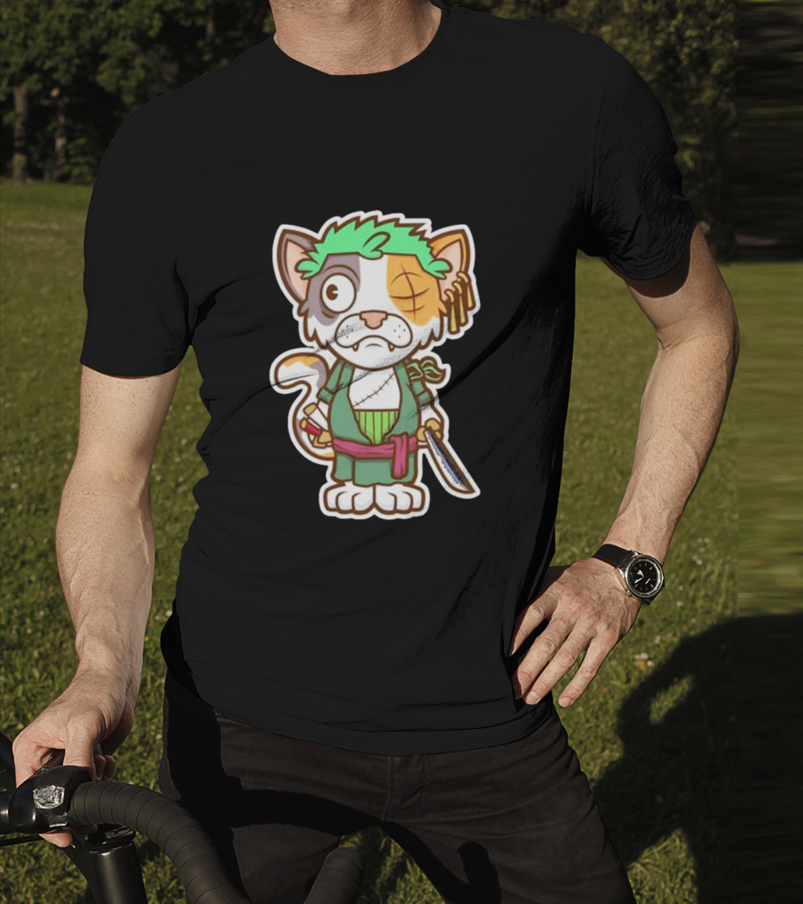 Roronoa Lingling Cat Pirate Anime Character Sword Green Hair Eye Patch T-Shirt