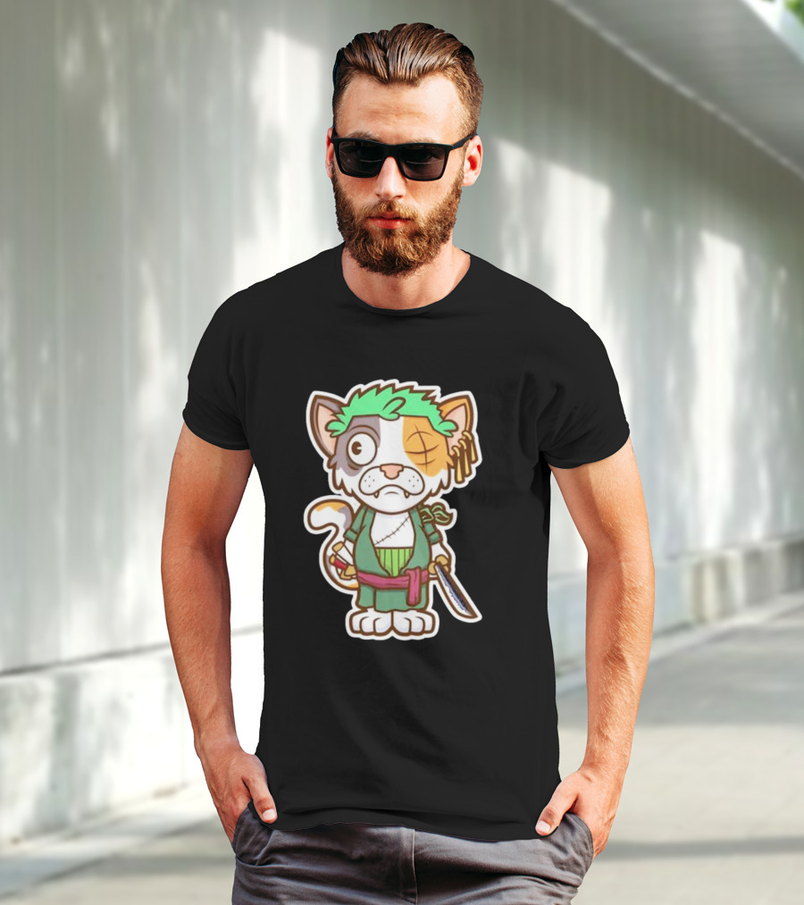 Roronoa Lingling Cat Pirate Anime Character Sword Green Hair Eye Patch T-Shirt