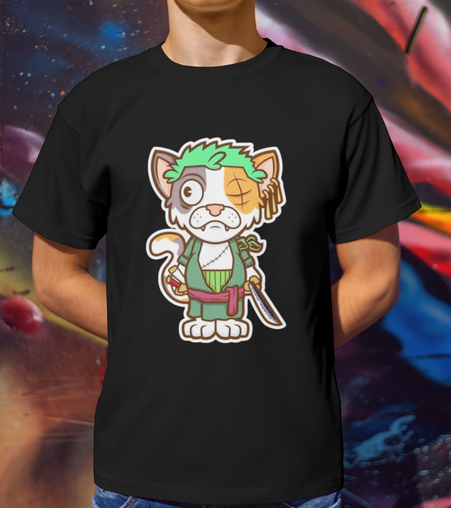 Roronoa Lingling Cat Pirate Anime Character Sword Green Hair Eye Patch T-Shirt