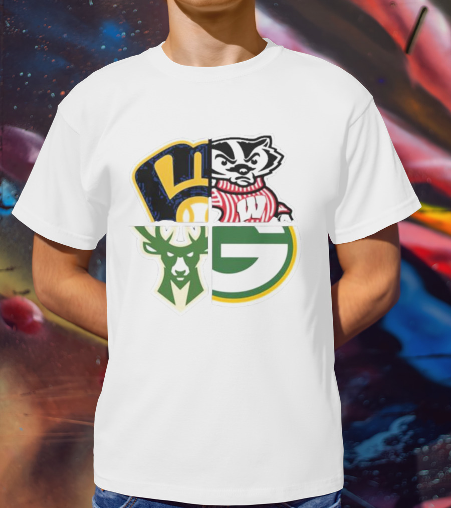 Milwaukee Brewers Packers Badgers Bucks Wisconsin Sports Quad T-Shirt