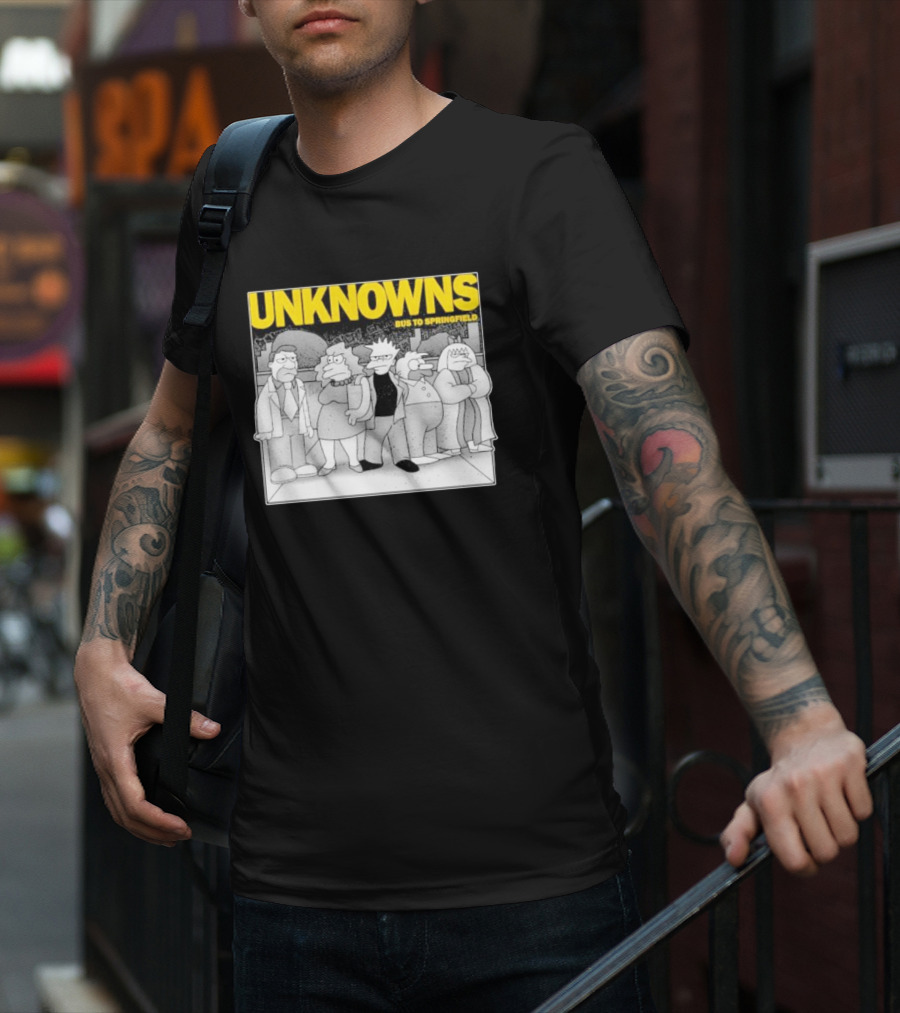 Unknowns Bus To Springfield Cartoon Characters In Black And White Scene T-Shirt