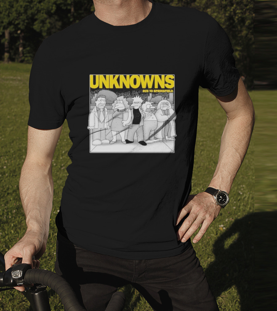 Unknowns Bus To Springfield Cartoon Characters In Black And White Scene T-Shirt