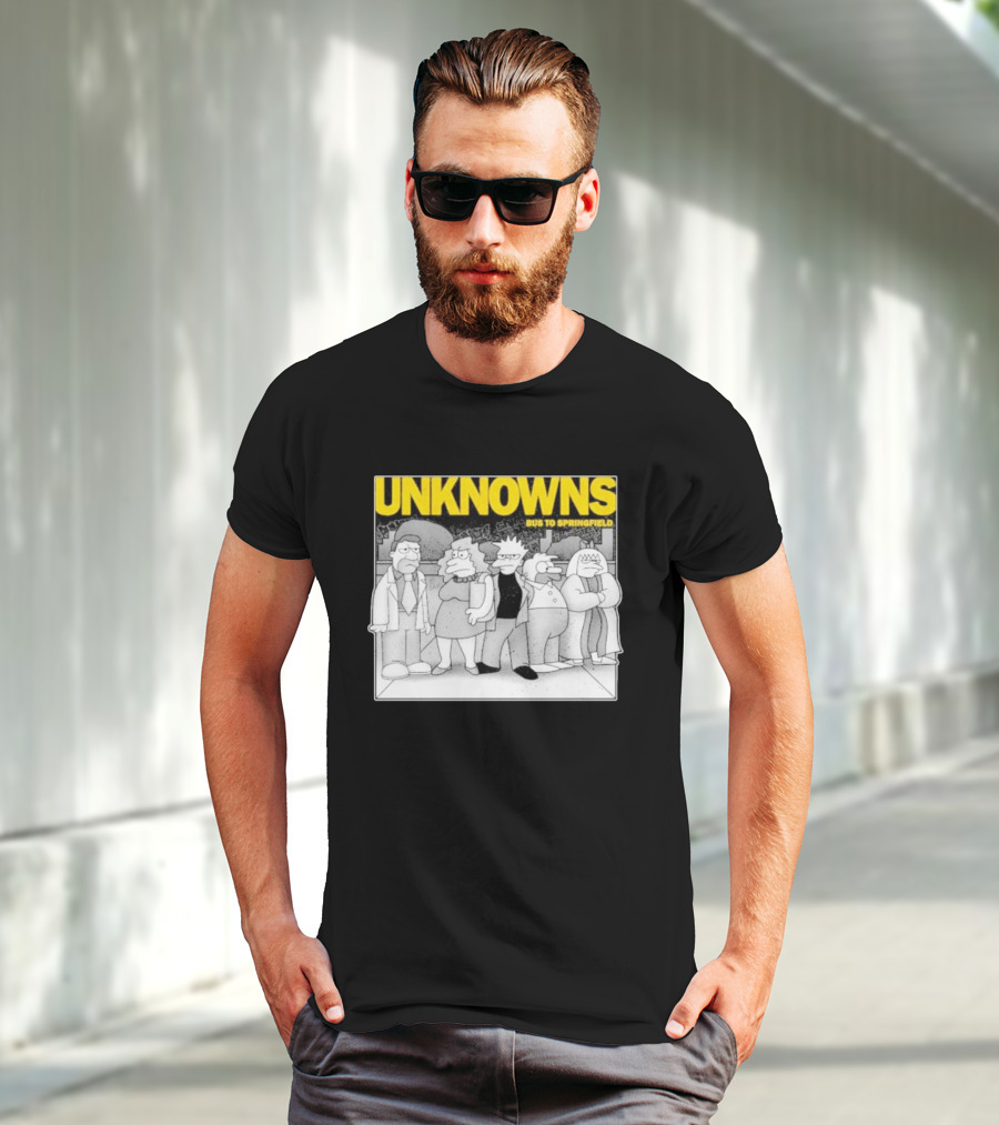 Unknowns Bus To Springfield Cartoon Characters In Black And White Scene T-Shirt