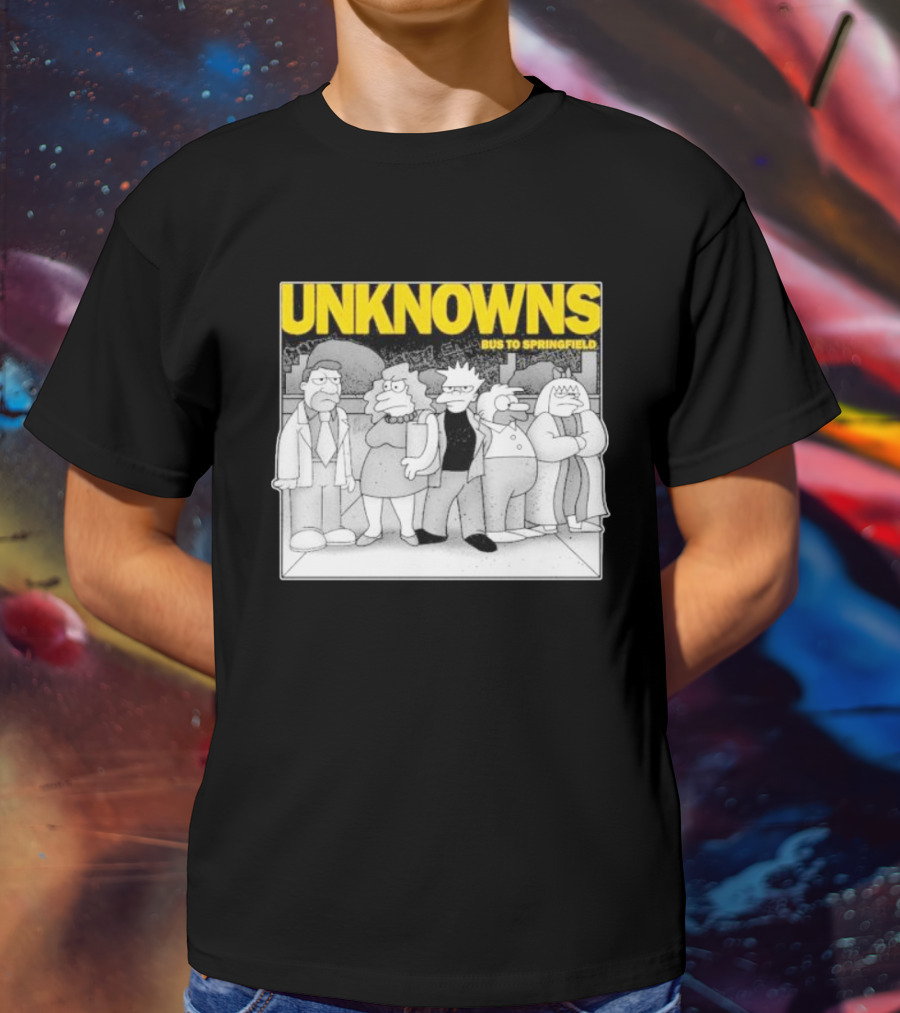 Unknowns Bus To Springfield Cartoon Characters In Black And White Scene T-Shirt