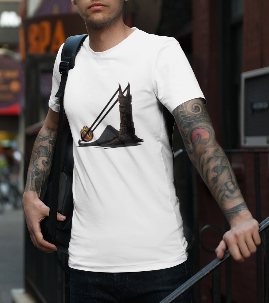 Dark Slingshot Eye Tower With Mountain In Background T-Shirt